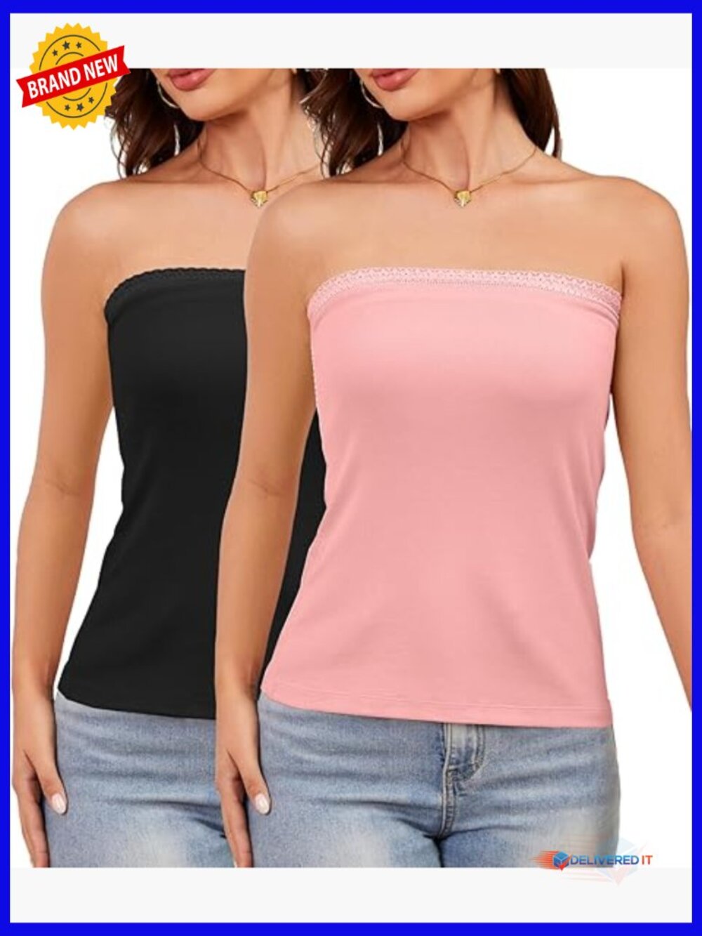 2 Pack Lace Trim Ribbed Tube Tops Women Strapless Bandeau Cotton Blend